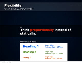 Flexibility
Whatisit,exactly&whyweneedit?
TIP
Think proportionally instead of
statically.
font-size: 16px; (base)
Heading ...