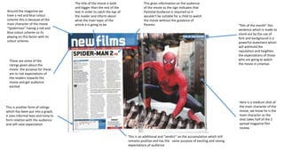 The title of the movie is bold
and bigger than the rest of the
text in order to catch the eye of
the reader and inform about
what the main topic of the
article e is going to be
This gives information on the audience
of the movie as the sign indicates that
Parental Guidance is required so it
wouldn’t be suitable for a child to watch
the movie without the guidance of
Parents
This is another form of ratings
which has been put into a graph,
it uses informal lexis and irony to
form relation with the audience
and still raise expectation
“film of the month” this
sentence which is made to
stand out by the use of
font and background is a
powerful statement which
will withhold the
reputation and heighten
the expectations of those
who are going to watch
the movie in cinemas
This is an additional and “verdict” on the accumulation which still
remains positive and has the same purpose of exciting and raising
expectations of audience
Here is a medium shot of
the main character of the
movie, we know he is the
main character as the
shot takes half of the 2
spread magazine film
review.
These are some of the
ratings given about the
movie the purpose for these
are to rise expectations of
the readers towards the
movie and get audience
excited
Around the magazine we
have a red and blue colour
scheme this is because of the
main character of the movie
“Spiderman” having a red and
blue colour scheme so its
playing on this factor with its
colour scheme.
 
