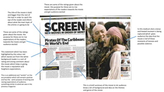 The title of the movie is bold
and bigger than the rest of
the text in order to catch the
eye of the reader and inform
about what the main topic of
the article e is going to be
These are some of the ratings
given about the movie the
purpose for these are to rise
expectations of the readers
towards the movie and get
audience excited
This statement which has been
highlighted by the colour red
which stands out from the white
background reader is a sort of
rating and strong comment about
the movie which helps in giving
the movie a reputation and
heightens expectations.
This is an additional and “verdict” on the
accumulation which still remains positive
and has the same purpose of exciting and
raising expectations of audience,
something similar to what we saw in the
previous magazine
This is a brief summary of the movie to let audience
know a bit of background and idea on the themes
and genre of the movie
These are some of the ratings given about the
movie the purpose for these are to rise
expectations of the readers towards the movie
and get audience excited
In this medium shot a tense
and heated moment is being
captured which gives
audience the idea that the
movie is full of these
moments of tension and
possible violence.
 