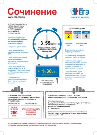 WWW.EGE.EDU.RU
Сочинение
ДЕКАБРЬ
32
ФЕВРАЛЬ
4
МАЙ
ДАТЫ ПРОВЕДЕНИЯ
ИТОГОВОЕ СОЧИНЕНИЕ –
УСЛОВИЕ ДОПУСКА К
ГОСУДАРСТВЕННОЙ
АТТЕСТАЦИИ ДЛЯ
ВЫПУСКНИКОВ
ТЕКУЩЕГО ГОДА
3ч.55мин.
ПРОДОЛЖИТЕЛЬНОСТЬ
ПРОВЕДЕНИЯ ИТОГОВОГО
СОЧИНЕНИЯ
+ 1ч.30мин.
ДЛЯ ЛИЦ С ОВЗ,
ДЕТЕЙ-ИНВАЛИДОВ,
ИНВАЛИДОВ
дополнительно
Сочинение могут писать
по собственному желанию
для предоставления
результатов в вузы:*
- выпускники прошлых лет;
- лица, обучающиеся по
образовательным программам
СПО;
- лица, получающие среднее
общее образование в
иностранных образовательных
организациях;
- лица, допущенные к ГИА
в предыдущие годы, но не
прошедшие ГИА или получившие
на ГИА неудовлетворительные
результаты.
* Указанные лица
самостоятельно выбирают
дату участия в итоговом
сочинении
В дополнительные сроки
вправе участвовать:
- обучающиеся, получившие
«незачет» (не более 2-х раз);
- обучающиеся и другие
категории участников итогового
сочинения, не явившиеся на
итоговое сочинение по
уважительным причинам;
- обучающиеся и другие
категории участников, не
завершившие сдачу итогового
сочинения по уважительным
причинам.
СОЧИНЕНИЕ ОЦЕНИВАЕТСЯ ПО СИСТЕМЕ
«ЗАЧЕТ»/«НЕЗАЧЕТ» ПО СЛЕДУЮЩИМ КРИТЕРИЯМ:
1.Соответствие теме.
2.Аргументация. Привлечение литературного материала.
3.Композиция и логика рассуждения.
4.Качество письменной речи.
5. Грамотность.
Для получения «зачета» за итоговое сочинение необходимо
получить «зачет» по критериям №1 и №2, а также по одному
из критериев №3 – №5
ВО ВРЕМЯ НАПИСАНИЯ ИТОГОВОГО СОЧИНЕНИЯ МОЖНО ПОЛЬЗОВАТЬСЯ ОРФОГРАФИЧЕСКИМ
СЛОВАРЕМ, ВЫДАННЫМ В ОБРАЗОВАТЕЛЬНОЙ ОРГАНИЗАЦИИ
250
САМОСТОЯТЕЛЬНОСТЬ
НАПИСАНИЯ
ИТОГОВОГО
СОЧИНЕНИЯ
ОБЪЕМ
НЕ МЕНЕЕ
СЛОВ
К ПРОВЕРКЕ ПО 5 КРИТЕРИЯМ
ОЦЕНИВАНИЯ ДОПУСКАЮТСЯ ИТОГОВЫЕ
СОЧИНЕНИЯ, СООТВЕТСТВУЮЩИЕ 2
ТРЕБОВАНИЯМ:
ТРЕБОВАНИЕ №1 ТРЕБОВАНИЕ №2
основной
срок
дополнительные
сроки
 