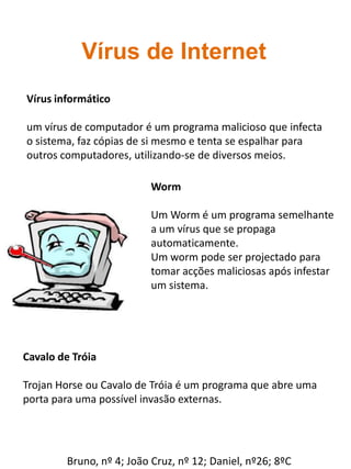 Perigos da InternetMessenger  e ChatsO Messenger e o Chats são salas de conversação, que permitem falar com os amigos  que estão longe, de uma forma gratuita. Também permite conhecer pessoas com as mesmas ideias e os mesmos interesses. Mas podemos ser enganados se adicionarmos emails desconhecidos. O melhor é não fornecer informações pessoais a esses desconhecidos. Inês J. nº8 Márcia O. nº18 Tatiana M. nº23 