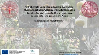 First attempts using NGS in Senecio (Asteraceae)
Building a robust phylogeny of Culcitium group: a
baseline for addressing further evolutionary
questions for the genus in the Andes
Luciana Salomón1, 2 & Petr Sklenář1
1 Faculty of Science, Charles University
2 email: salomonl@natur.cuni.cz
 