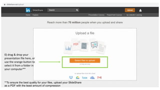 0) drag & drop your
presentation file here, or
use the orange button to
select it from a folder in
your computer**
**To ensure the best quality for your files, upload your SlideShare
as a PDF with the least amount of compression
 