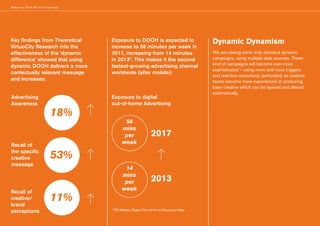 Relevancy: From the few to the many
Dynamic Dynamism
We are seeing some truly standout dynamic
campaigns, using multiple data sources. These
kind of campaigns will become ever-more
sophisticated – using more and more triggers
and real-time executions, particularly as creative
teams become more experienced at producing
base creative which can be layered and altered
automatically.
Key findings from Theoretical
VirtuoCity Research into the
effectiveness of the ‘dynamic
difference’ showed that using
dynamic DOOH delivers a more
contextually relevant message
and increases:
Exposure to DOOH is expected to
increase to 56 minutes per week in
2017, increasing from 14 minutes
in 2013*. This makes it the second
fastest-growing advertising channel
worldwide (after mobile):
18%
56
mins
per
week
14
mins
per
week
53%
11%
Advertising
Awareness
Exposure to digital
out-of-home Advertising
2017
2013
Recall of
the specific
creative
message
Recall of
creative/
brand
perceptions * PQ Media’s Digital Out-of-Home Exposure Index
 
