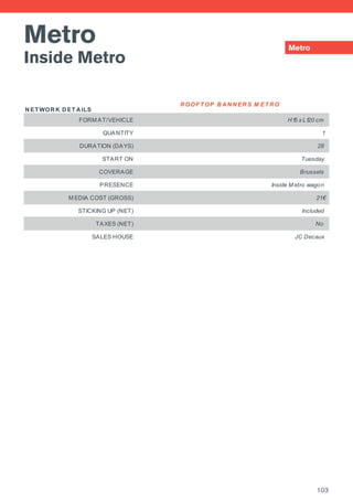 Metro
Inside Metro
Metro
N ET WOR K D ET A ILS
R OOF T OP B A N N ER S M ET R O
FORM AT/VEHICLE H15 x L120 cm
QUANTITY 1
DURATION (DAYS) 28
START ON Tuesday
COVERAGE Brussels
PRESENCE Inside M etro wagon
M EDIA COST (GROSS) 21€
STICKING UP (NET) Included
TAXES (NET) No
SALES HOUSE JC Decaux
103
 