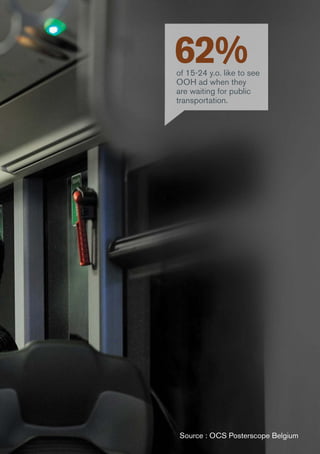 Source : OCS Posterscope Belgium
62%of 15-24 y.o. like to see
OOH ad when they
are waiting for public
transportation.
 