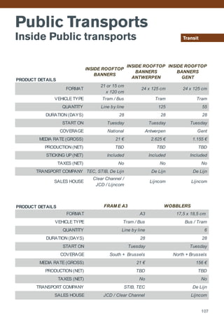 Public Transports
Inside Public transports Transit
PRODUCT DETAILS
INSIDE ROOFTOP
BANNERS
INSIDE ROOFTOP
BANNERS
ANTWERPEN
INSIDE ROOFTOP
BANNERS
GENT
FORMAT
21 or 15 cm
x 120 cm
24 x 125 cm 24 x 125 cm
VEHICLE TYPE Tram / Bus Tram Tram
QUANTITY Line by line 125 55
DURATION (DAYS) 28 28 28
START ON Tuesday Tuesday Tuesday
COVERAGE National Antwerpen Gent
MEDIA RATE (GROSS) 21 € 2.625 € 1.155 €
PRODUCTION (NET) TBD TBD TBD
STICKING UP (NET) Included Included Included
TAXES (NET) No No No
TRANSPORT COMPANY TEC, STIB, De Lijn De Lijn De Lijn
SALES HOUSE
Clear Channel /
JCD / Lijncom
Lijncom Lijncom
PRODUCT DETAILS FRAM E A3 WOBBLERS
FORMAT A3 17,5 x 18,5 cm
VEHICLE TYPE Tram / Bus Bus / Tram
QUANTITY Line by line 6
DURATION (DAYS) 28 28
START ON Tuesday Tuesday
COVERAGE South + Brussels North + Brussels
MEDIA RATE (GROSS) 21 € 156 €
PRODUCTION (NET) TBD TBD
TAXES (NET) No No
TRANSPORT COMPANY STIB, TEC De Lijn
SALES HOUSE JCD / Clear Channel Lijncom
107
 