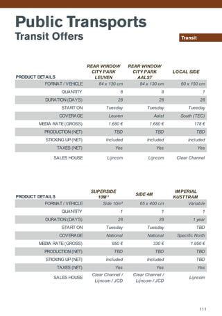 Public Transports
Transit Offers Transit
PRODUCT DETAILS
REAR WINDOW
CITY PARK
LEUVEN
REAR WINDOW
CITY PARK
AALST
LOCAL SIDE
FORMAT / VEHICLE 84 x 130 cm 84 x 130 cm 60 x 150 cm
QUANTITY 8 8 1
DURATION (DAYS) 28 28 28
START ON Tuesday Tuesday Tuesday
COVERAGE Leuven Aalst South (TEC)
MEDIA RATE (GROSS) 1.680 € 1.680 € 178 €
PRODUCTION (NET) TBD TBD TBD
STICKING UP (NET) Included Included Included
TAXES (NET) Yes Yes Yes
SALES HOUSE Lijncom Lijncom Clear Channel
PRODUCT DETAILS
SUPERSIDE
10M ²
SIDE 4M
IM PERIAL
KUSTTRAM
FORMAT / VEHICLE Side 10m² 65 x 400 cm Variable
QUANTITY 1 1 1
DURATION (DAYS) 28 28 1 year
START ON Tuesday Tuesday TBD
COVERAGE National National Specific North
MEDIA RATE (GROSS) 850 € 330 € 1.950 €
PRODUCTION (NET) TBD TBD TBD
STICKING UP (NET) Included Included TBD
TAXES (NET) Yes Yes Yes
SALES HOUSE
Clear Channel /
Lijncom / JCD
Clear Channel /
Lijncom / JCD
Lijncom
PRODUCT DETAILS
REAR WINDOW
CITY PARK
LEUVEN
REAR WINDOW
CITY PARK
AALST
LOCAL SIDE
FORMAT / VEHICLE 84 x 130 cm 84 x 130 cm 60 x 150 cm
QUANTITY 8 8 1
DURATION (DAYS) 28 28 28
START ON Tuesday Tuesday Tuesday
COVERAGE Leuven Aalst South (TEC)
MEDIA RATE (GROSS) 1.680 € 1.680 € 178 €
PRODUCTION (NET) TBD TBD TBD
STICKING UP (NET) Included Included Included
TAXES (NET) Yes Yes Yes
SALES HOUSE Lijncom Lijncom Clear Channel
PRODUCT DETAILS
SUPERSIDE
10M ²
SIDE 4M
IM PERIAL
KUSTTRAM
FORMAT / VEHICLE Side 10m² 65 x 400 cm Variable
QUANTITY 1 1 1
DURATION (DAYS) 28 28 1 year
START ON Tuesday Tuesday TBD
COVERAGE National National Specific North
MEDIA RATE (GROSS) 850 € 330 € 1.950 €
PRODUCTION (NET) TBD TBD TBD
STICKING UP (NET) Included Included TBD
TAXES (NET) Yes Yes Yes
SALES HOUSE
Clear Channel /
Lijncom / JCD
Clear Channel /
Lijncom / JCD
Lijncom
111
 