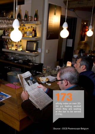 Source : OCS Posterscope Belgium
173affinity index on men 20-
34 y.o feeling excited
when they are waiting
at the bar to be served
(11%).
 