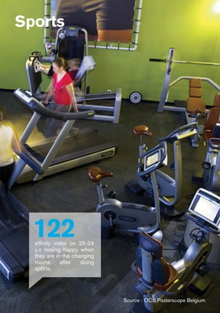 Sports
Source : OCS Posterscope Belgium
122affinity index on 25-34
y.o feeling happy when
they are in the changing
rooms after doing
sports.
 