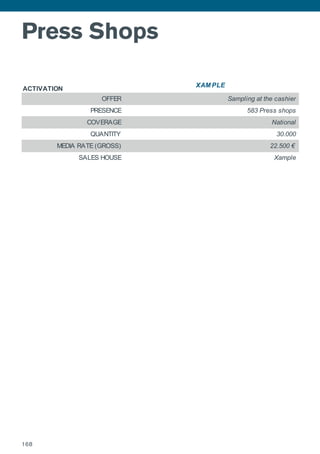 Press Shops
ACTIVATION
XAM PLE
OFFER Sampling at the cashier
PRESENCE 583 Press shops
COVERAGE National
QUANTITY 30.000
MEDIA RATE (GROSS) 22.500 €
SALES HOUSE Xample
168
 