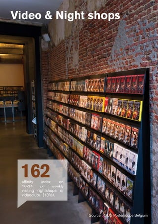 Video & Night shops
Source : OCS Posterscope Belgium
162affinity index on
18-24 y.o weekly
visiting nightshops or
videoclubs (13%).
 