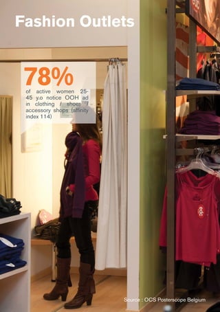 Source : OCS Posterscope Belgium
78%of active women 25-
45 y.o notice OOH ad
in clothing / shoes /
accessory shops (affinity
index 114)
Fashion Outlets
 
