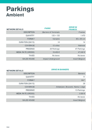 Parkings
Ambient
NETWORK DETAILS
PARKI
DRIVE IN
FRAM ES
DESCRIPTION Barriers & Terminals Frames
QUANTITY 135 + 135 1.470
FORMAT Variable 60 x 80 cm
DURATION (DAYS) 14 14
COVERAGE 12 cities National
PRESENCE 38 Parkings 47 Parkings
MEDIA RATE (GROSS) 19.450 € 47.040 €
TAXES No taxes No taxes
SALES HOUSE Impact Underground Insert Belgium
NETWORK DETAILS
DESCRIPTION
QUANTITY
FORMAT
DURATION (DAYS)
COVERAGE
PRESENCE
MEDIA RATE (GROSS)
TAXES
SALES HOUSE
3.500 €
No taxes
Insert Belgium
DRIVE IN BANNERS
Banners
11
6m²
28
Antwerpen, Brussels, Namur, Liège
13 Parkings
184
 
