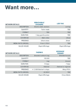 Want more…
NETWORK DETAILS
REM OVABLE
STICKERS
LED TAG
DESCRIPTION Electro-static stickers Led tag
QUANTITY Tailor made TBD
FORMAT TBD TBD
DURATION 1 day guerilla action TBD
COVERAGE Main cities Urban
PRESENCE Urban areas Street
MEDIA RATE (GROSS) From 3.750 € TBD
SALES HOUSE Rapid Affichage Rapid Affichage
NETWORK DETAILS
THERM O
M ESSAGE
TISSUES
DESCRIPTION Branded isotherm bag Branded tissues
QUANTITY 100.000 TBD
FORMAT bag tissues
DURATION 14 days 7 days
COVERAGE National National or regional
PRESENCE +/- 2.000 Butcher's shops Many POI's
MEDIA RATE (GROSS) 32.500 € TBD
SALES HOUSE Rapid Affichage Close Media
190
 