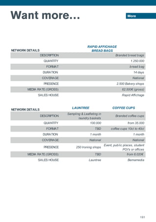 Want more… More
NETWORK DETAILS
DESCRIPTION
QUANTITY
FORMAT
DURATION
COVERAGE
PRESENCE
MEDIA RATE (GROSS)
SALES HOUSE
NETWORK DETAILS
LAUNTREE COFFEE CUPS
DESCRIPTION
Sampling & Leafleting in
laundry baskets
Branded coffee cups
QUANTITY 100.000 from 35.000
FORMAT TBD coffee cups 10cl to 40cl
DURATION 1 month 1 month
COVERAGE National National
PRESENCE 250 Ironing shops
Event, public places, student
POI's or offices
MEDIA RATE (GROSS) TBD from 6.020€
SALES HOUSE Launtree Bemamedia
RAPID AFFICHAGE
BREAD BAGS
Branded bread bags
1.250.000
62.500€ (gross)
Rapid Affichage
2.500 Bakery shops
bread bag
14 days
National
191
 