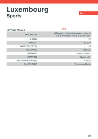 Luxembourg
Sports
Lux
NETWORK DETAILS
DESCRIPTION
# SIDES
FORMAT
DURATION (DAYS)
COVERAGE
PRESENCE
START ON
MEDIA RATE (GROSS)
SALES HOUSE Boomerang Media
H²O
Billboards + frames in changing rooms in
Fit- & Wellness centers & sports clubs
74
A2 & A0
28
National
20 sport centers
Wednesday
4.950 €
205
 