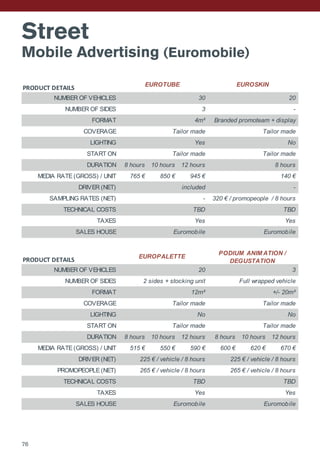 Street
Mobile Advertising (Euromobile)
PRODUCT DETAILS
NUMBER OF VEHICLES
NUMBER OF SIDES
FORMAT
COVERAGE
LIGHTING
START ON
DURATION 8 hours 10 hours 12 hours 8 hours
MEDIA RATE (GROSS) / UNIT 765 € 850 € 945 € 140 €
DRIVER (NET)
SAMPLING RATES (NET)
TECHNICAL COSTS
TAXES
SALES HOUSE
PRODUCT DETAILS
NUMBER OF VEHICLES
NUMBER OF SIDES
FORMAT
COVERAGE
LIGHTING
START ON
DURATION 8 hours 10 hours 12 hours 8 hours 10 hours 12 hours
MEDIA RATE (GROSS) / UNIT 515 € 550 € 590 € 600 € 620 € 670 €
DRIVER (NET)
PROMOPEOPLE (NET)
TECHNICAL COSTS
TAXES
SALES HOUSE
Yes No
Tailor made Tailor made
4m² Branded promoteam + display
Tailor made Tailor made
30 20
3 -
Euromobile Euromobile
TBD TBD
Yes Yes
225 € / vehicle / 8 hours 225 € / vehicle / 8 hours
265 € / vehicle / 8 hours 265 € / vehicle / 8 hours
No No
Tailor made Tailor made
12m² +/- 20m²
Tailor made Tailor made
20 3
2 sides + stocking unit Full wrapped vehicle
Euromobile Euromobile
EUROPALETTE
PODIUM ANIM ATION /
DEGUSTATION
TBD TBD
Yes Yes
included -
- 320 € / promopeople / 8 hours
EUROTUBE EUROSKIN
76
 