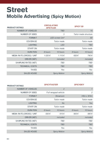 PRODUCT DETAILS
NUMBER OF VEHICLES
NUMBER OF SIDES
FORMAT
COVERAGE
LIGHTING
START ON
DURATION 8 hours 10 hours 8 hours 10 hours
MEDIA RATE (GROSS) / UNIT 1.020 € 1.115 € 655 € 740 €
DRIVER (NET)
SAMPLING RATES (NET)
TECHNICAL COSTS
TAXES
SALES HOUSE
PRODUCT DETAILS
NUMBER OF VEHICLES
NUMBER OF SIDES
FORMAT
COVERAGE
LIGHTING
START ON
DURATION 8 hours 10 hours 8 hours 10 hours
MEDIA RATE (GROSS) / UNIT 830 € 915 € 905 € 990 €
DRIVER (NET)
SAMPLING RATES (NET)
TECHNICAL COSTS
TAXES
SALES HOUSE
Yes Yes
Spicy Motion Spicy Motion
TBD TBD
TBD TBD
Tailor made Tailor made
included included
Tailor made Tailor made
No Yes
Full wrapped vehicle 2
Showroom H6m x W4m
SPICYTASTER SPICYSKY
2 1
Yes Yes
Spicy Motion Spicy Motion
TBD TBD
TBD TBD
Tailor made Tailor made
included included
Tailor made Tailor made
LED TBD
3 Tailor made structure
LED screen 2m² 3D
CIRCULATING
SPICYLED
SPICY 3D
TBD 15
Street
Mobile Advertising (Spicy Motion)
80
 