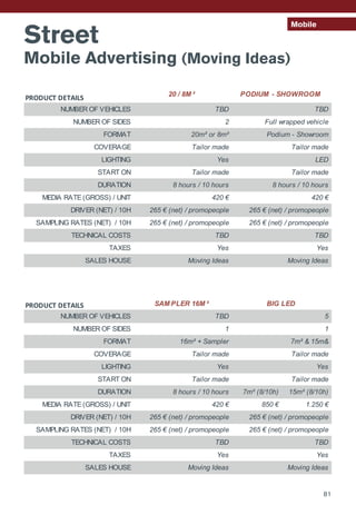 Street
Mobile Advertising (Moving Ideas)
Mobile
PRODUCT DETAILS
NUMBER OF VEHICLES
NUMBER OF SIDES
FORMAT
COVERAGE
LIGHTING
START ON
DURATION
MEDIA RATE (GROSS) / UNIT
DRIVER (NET) / 10H
SAMPLING RATES (NET) / 10H
TECHNICAL COSTS
TAXES
SALES HOUSE
PRODUCT DETAILS
NUMBER OF VEHICLES
NUMBER OF SIDES
FORMAT
COVERAGE
LIGHTING
START ON
DURATION 7m² (8/10h) 15m² (8/10h)
MEDIA RATE (GROSS) / UNIT 850 € 1.250 €
DRIVER (NET) / 10H
SAMPLING RATES (NET) / 10H
TECHNICAL COSTS
TAXES
SALES HOUSE
20 / 8M ² PODIUM - SHOWROOM
Yes LED
20m² or 8m² Podium - Showroom
TBD TBD
2 Full wrapped vehicle
Tailor made Tailor made
Tailor made Tailor made
5TBD
TBD
Yes Yes
1 1
8 hours / 10 hours
420 €
8 hours / 10 hours
420 €
SAM PLER 16M ² BIG LED
265 € (net) / promopeople 265 € (net) / promopeople
265 € (net) / promopeople 265 € (net) / promopeople
Moving Ideas Moving Ideas
TBD
16m² + Sampler 7m² & 15m&
Tailor made Tailor made
265 € (net) / promopeople 265 € (net) / promopeople
Yes
Tailor made Tailor made
Moving Ideas Moving Ideas
TBD TBD
Yes Yes
Yes
265 € (net) / promopeople 265 € (net) / promopeople
8 hours / 10 hours
420 €
PRODUCT DETAILS
NUMBER OF VEHICLES
NUMBER OF SIDES
FORMAT
COVERAGE
LIGHTING
START ON
DURATION
MEDIA RATE (GROSS) / UNIT
DRIVER (NET) / 10H
SAMPLING RATES (NET) / 10H
TECHNICAL COSTS
TAXES
SALES HOUSE
PRODUCT DETAILS
NUMBER OF VEHICLES
NUMBER OF SIDES
FORMAT
COVERAGE
LIGHTING
START ON
DURATION 7m² (8/10h) 15m² (8/10h)
MEDIA RATE (GROSS) / UNIT 850 € 1.250 €
DRIVER (NET) / 10H
SAMPLING RATES (NET) / 10H
TECHNICAL COSTS
TAXES
SALES HOUSE
20 / 8M ² PODIUM - SHOWROOM
Yes LED
20m² or 8m² Podium - Showroom
TBD TBD
2 Full wrapped vehicle
Tailor made Tailor made
Tailor made Tailor made
5TBD
TBD
Yes Yes
1 1
8 hours / 10 hours
420 €
8 hours / 10 hours
420 €
SAM PLER 16M ² BIG LED
265 € (net) / promopeople 265 € (net) / promopeople
265 € (net) / promopeople 265 € (net) / promopeople
Moving Ideas Moving Ideas
TBD
16m² + Sampler 7m² & 15m&
Tailor made Tailor made
265 € (net) / promopeople 265 € (net) / promopeople
Yes
Tailor made Tailor made
Moving Ideas Moving Ideas
TBD TBD
Yes Yes
Yes
265 € (net) / promopeople 265 € (net) / promopeople
8 hours / 10 hours
420 €
81
 