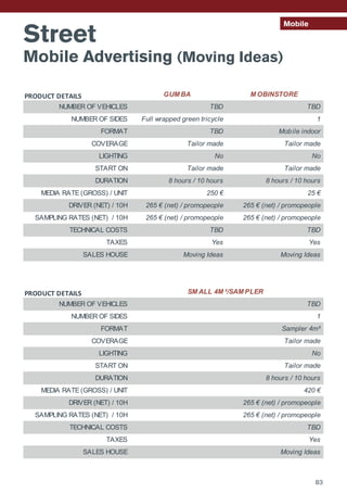 Mobile
Street
Mobile Advertising (Moving Ideas)
PRODUCT DETAILS
NUMBER OF VEHICLES
NUMBER OF SIDES
FORMAT
COVERAGE
LIGHTING
START ON
DURATION
MEDIA RATE (GROSS) / UNIT
DRIVER (NET) / 10H
SAMPLING RATES (NET) / 10H
TECHNICAL COSTS
TAXES
SALES HOUSE
PRODUCT DETAILS
NUMBER OF VEHICLES
NUMBER OF SIDES
FORMAT
COVERAGE
LIGHTING
START ON
DURATION
MEDIA RATE (GROSS) / UNIT
DRIVER (NET) / 10H
SAMPLING RATES (NET) / 10H
TECHNICAL COSTS
TAXES
SALES HOUSE
265 € (net) / promopeople
265 € (net) / promopeople
TBD
Yes
Moving Ideas
Moving Ideas Moving Ideas
265 € (net) / promopeople 265 € (net) / promopeople
TBD TBD
Yes Yes
TBD
1
SM ALL 4M ²/SAM PLER
Sampler 4m²
Tailor made
No
Tailor made
8 hours / 10 hours
420 €
8 hours / 10 hours 8 hours / 10 hours
250 € 25 €
265 € (net) / promopeople 265 € (net) / promopeople
Tailor made Tailor made
No No
Tailor made Tailor made
TBD TBD
Full wrapped green tricycle 1
TBD Mobile indoor
GUM BA M OBINSTORE
83
 