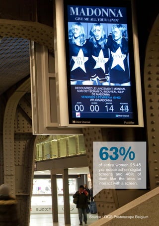 63%of active women 25-45
y.o. notice ad on digital
screens and 48% of
them like the idea to
interact with a screen.
Source : OCS Posterscope Belgium
 