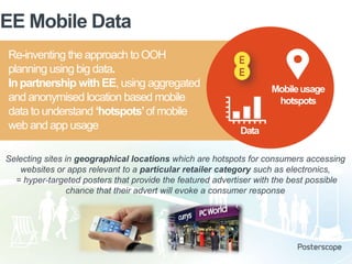 EE Mobile Data
Re-inventing the approach to OOH
planning using big data.
In partnership with EE, using aggregated
and anonymised location based mobile
data to understand „hotspots‟ of mobile
web and app usage

Mobile usage
hotspots

Data

Selecting sites in geographical locations which are hotspots for consumers accessing
websites or apps relevant to a particular retailer category such as electronics,
= hyper-targeted posters that provide the featured advertiser with the best possible
chance that their advert will evoke a consumer response

 