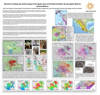 Structural setting and metal zoning of the Ag-Au veins of the Real de Minas de Zacualpan District,
Central Mexico
Brian V. Hall, George A. Gorzynski, Nigel J. Hulme, Alberto R. Vila-Sánchez, Roberto Díaz-Martínez, Carlos Cham-Domínguez, Federico Limón Gallegos and Jose Luis Aldana
The Real de Minas de Zacualpan (Royal Mines of Zacualpan) District, located 100 km southwest of Mexico City is arguably the site of the oldest
known mining activity in North America, pre-dating the arrival of Hernan Cortez in 1519, and second only to the Domincan Republic and Taxco,
Mexico in terms of modern mining (mining using explosives) in the Americas.
During the past seven years IMPACT Silver Corp. has been engaged in an aggressive exploration program, which has included the compilation of
roughly 500 years of mining activity into a GIS database. Using the computer program ArcGIS 10.1 geological mapping and geochemical samples
(>25,000) on some 1,900 veins, of which 792 contain elevated values for silver (>100 g/t) and gold (>0.5 g/t) have been inputted. As well over
3,100 old mine and exploration workings have been located.
The 423 km2 Zacualpan District is represented by an 18 km wide structural corridor of dextral transpressional shear, hosted in the Guerrero Ter-
rane, in which andesitic volcanic rocks of the Vila de Ayala Formation act as a rigid block resulting in brittle deformation represented by faulting
and fracturing. Felsic intrusive rocks of the Tilzapotla Formation, located midway between the Zacualpan and Taxco (located 27 km to the south-
east) Districts appears to have acted as a point heat source that has focused the flow of the hydrothermal solutions. The age of the veins for the
Taxco District range from 30 - 32 Ma (Pi, T. et al, 2005), and by analogy the Zacualpan veins are presumed similar, with the age of the Tilzpotla For-
mation at 32 Ma (Álaniz-Alvarez, S.A. et al 2002)
Important structural features include: 1) a series of northeast dipping dextral structures which often host veins that are tens of kilometers long, 2)
south-south southwest dilational jog features, that have a vertical sense of displacement and are bounded by the northeast dipping dextral struc-
tures, 3) northeast dipping veins having a dextral sense of movement that appear to represent splays from the northeast dipping veins, 4) numer-
ous smaller splay and transverse veins that are associated with both the northeast and southwest dipping dextral structures, and 5) an enigmatic
series of north to northeast striking veins located in the central portion of the district that appears to have the overall structure of a horst.
The district is zoned and tilted with Mesothermal Au-Cu-As veins occurring to the southwest and Epithermal Ag-Pb-Sb Veins in the northeast. Oth-
er factors controlling geochemistry of the veins are: 1) higher gold contents in proximity to felsic intrusives of the Tilzapola Formation, 2) higher
gold values in local extensional structures, 3) a bias to higher gold values for the dilational jog structures, which again represent extensional struc-
tures, 4) depth of emplacement, and 5) topography.
Utilizing the data handling and analysis methods developed by IMPACT Silver Corp. a drilling success rate in excess of 60% in terms of intersecting
economically significant veins has been achieved, which has resulted in the discovery and commissioning of five mines within the past six years.
IMPACT SILVER CORP.
Shown on Fig 1 are the dispersion routes for the metal working techniques that were
originally developed in Peru. When Cortés entered Mexico they first saw gold and sil-
ver ornaments in some abundance at the Aztec city of Tenochtitlan (now known as
Mexico City) in 1521. Shortly afterward, the town of Zacualpan was incorporated in
1527, and mining leases bearing Cortés’ name and the names of other conquistadors
first appeared in the neighboring towns of Sultepec and Amatepec in 1531, and one
The soil geochemistry for silver and gold exhibit many of the same patterns, which in turn represent some of the more prominent veins, with silver being stronger in the northeast (Fig 6a) and gold in the central portion (Fig 6b). As well for arsenic (Fig 6c), copper (Fig 6d) and manganese (Fig 6e) a pronounced
progression going from the central portion of the soil grid to the northeast is evident. This is interpreted in terms of the Zacualpan District having a northeast dip or tilt, with the deeper portions of the veins exposed in the center, and the uppermost and silver rich portions exposed in the northeast corner.
Showing the distribution of the “Mexico Silver Belt” along
with the location of Zacualpan is Fig 2. The geology of the
Zacualpan along with the neighboring Taxco and Sultepec Sil-
ver-Gold Districts is shown in Fig 3. Of particular interest is
the structural corridor, which attains a width of twenty kilo-
meters in the Zacualpan District. The porphyritic rhyolites
of Tilzapolta Fm (shown in yellow) are thought to represent
a local heat source, which in turn is responsible for the veins.
In 2009 Impact Silver announced the successful launch of the GIS Database using the computer program ArcGIS. One aspect of this Database is
the documentation of 3,092 Historical Mine Workings, which continues to grow with the addition of ten each week. It has been found that the
most cost effective manner to find and document the silver-gold veins is to first locate the old workings, many of which date back to the Spanish
Colonial times. The larger workings (120) generally indicate areas of historic production, whereas the smaller workings can be used to trace the
veins such that detailed mapping and sampling can be conducted. In order to systematically explore a 623 square kilometer property that is as
richly endowed as the Zacualpan District, smaller areas are prioritized for detailed prospecting and geological mapping (Fig 4a) and subsequent
drilling. Representing the black square in Fig 4b is a detailed subset centered over the Nochebuena– Carlos Pacheco Area (Fig 4d) which clearly
The district is zoned and tilted with Mesothermal Au-Cu-As veins
occurring predominately to the southwest and the Epithermal Ag
-Pb-Sb Veins in the northeast. As well based upon the dip direc-
tions of the major veins the overall structure appears to be that
of a horst.
Fig. 1
Fig. 3
Fig. 2
Fig. 4a
Fig. 4b
Fig. 4c
Fig. 4d
Fig. 5a
Fig. 5b
Fig. 5c
Fig. 5d
Fig. 6a Fig. 6b Fig. 6c Fig. 6d Fig. 6e Fig. 6f
 