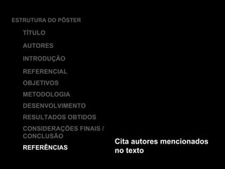 ESTRUTURA DO PÔSTER TÍTULO AUTORES INTRODUÇÃO REFERENCIAL OBJETIVOS METODOLOGIA DESENVOLVIMENTO RESULTADOS OBTIDOS CONSIDERAÇÕES FINAIS / CONCLUSÃO REFERÊNCIAS Cita autores mencionados no texto 