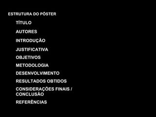 ESTRUTURA DO PÔSTER TÍTULO AUTORES INTRODUÇÃO JUSTIFICATIVA OBJETIVOS METODOLOGIA DESENVOLVIMENTO RESULTADOS OBTIDOS CONSIDERAÇÕES FINAIS / CONCLUSÃO REFERÊNCIAS 
