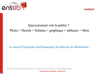 Lecture




            Que/comment voit le public ?
Photo > Dessin > Schéma > graphique > tableaux > Mots



Le succès d’un poster tient beaucoup à la clarté de ses illustrations !




                          Communication scientifique, novembre 2011
 