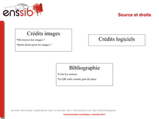 Source et droits



         Crédits images
•Où trouver des images ?                                                 Crédits logiciels
•Quels droits pour les images ?




                                            Bibliographie
                                  •Citer les sources
                                  •Le QR code comme gain de place




                                       Communication scientifique, novembre 2011
 