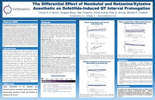 Abstract #902
Objectives
Summary
The Differential Effect of Nembutal and Ketamine/Xylazine
Anesthetic on Dofetilide-Induced QT Interval Prolongation
Liomar A. A. Neves, Hongjian Wang, Olga Tiniakova, Jinbao Huang, Peter B. Senese, Michael R. Gralinski
CorDynamics, Inc., Chicago, IL - www.cordynamics.com
Methods
Conclusion
Introduction
Effects of Anesthetic on QT Interval
in the Guinea Pig
The anesthetized guinea pig is a widely used model for early
screening of drug-candidate effects on cardiovascular function.
They are excellent for predicting the potential of a test article to
delay ventricular repolarization in humans as they have similar
cardiac action potential and ECG characteristics. Many
anesthetics have been studied in this model but sodium
pentobarbital is the most widely used. Studies have documented
that sodium pentobarbital is an antagonist of the inward rectifying
cardiac potassium channel IKs. Since the IKs is a component of
the guinea pig cardiac repolarization sequence, this species can be
exquisitely sensitive to IKs blockade. Because anesthetics can alter
the sensitivity of a preparation to test articles it is necessary to
assess its vulnerability in the guinea pig QT model. In this study
we assessed the hemodynamic effects of increasing doses of
dofetilide in the Nembutal and ketamine/xylazine anesthetized
guinea pig model. Dofetilide is a Class III antiarrhythmic drug that
increases refractoriness by antagonizing IKr. It has been associated
with QTc prolongation and TdP arrhythmias in humans.
Anesthesia - Nembutal (60 mg/kg IP, maintenance dose continuous IV infusion 6mg/kg/h)
Group 1 Dose 2-Dose 7 - Vehicle 0.5 mL/kg
Group 2 Dose 2-Dose 7 - Dofetilide (0.0025, 0.005, 0.01, 0.02, 0.04, and 0.08 mg/kg)
Anesthesia - ketamine/xylazine (87/5 mg/kg IP, maintenance dose ketamine 44 mg/kg IP)
Group 3 Dose 2-Dose 7 - Vehicle 2.5 mL/kg
Group 4 Dose 2-Dose 7 - Dofetilide (0.0125, 0.025, 0.05, 0.1, 0.2, and 0.4 mg/kg)
5
min
Dose 1
Vehicle Dose 2 Dose 3 Dose 5Dose 4 Dose 6 Dose 7
10min
5
min
10min
5
min
10min
5
min
10min
5
min
10min
5
min
10min
5
min
10min
Assess vulnerability of the Nembutal and
ketamine/xylazine anesthetized guinea pig for safety
pharmacology screening of drugs with potential to
prolong the QT interval.
The Differential Effect of Nembutal and Ketamine/Xylazine Anesthetic on Dofetilide-
Induced QT Interval Prolongation. Liomar A. A. Neves, Hongjian Wang, Olga Tiniakova, Jinbao
Huang, Peter B. Senese, Michael R. Gralinski. CorDynamics, Inc., Chicago, IL
Previous work from our group has suggested that anesthetics with additional inherent IKs
blockade such as sodium pentobarbital may sensitize the animal to agents that prolong the
electrocardiographic QT interval. In the present work, we used dofetilide to assess the
vulnerability of both the Nembutal and ketamine/xylazine anesthetized guinea pig. Male guinea
pigs (400-550g) were anesthetized with Nembutal (60 mg/kg IP, maintenance dose continuous IV
infusion 6 mg/kg/h) or ketamine/xylazine (87/5 mg/kg IP, maintenance dose 44 mg/kg IP) and
surgically instrumented with a Millar pressure catheter to measure arterial pressure and heart
rate. PR interval, QRS duration, QT/QTc interval and arrhythmogenesis were determined from
continuous surface electrocardiograms. Animals anesthetized with Nembutal received vehicle
(10% hydroxypropyl beta cyclodextrin in saline) or dofetilide (0, 0.0025, 0.005, 0.01, 0.02, 0.04,
and 0.08 mg/kg; 0.5 mL/kg), and animals anesthetized with ketamine/xylazine received vehicle
(10% hydroxypropyl beta cyclodextrin in saline) or dofetilide (0, 0.0125, 0.025, 0.05, 0.1, 0.2, and
0.4 mg/kg; 2.5 mL/kg) over a period of 5 minutes followed by 10 minute-recovery period.
Administration of dofetilide to either Nembutal or ketamine/xylazine anesthetized guinea pigs
significantly increased QTcB interval at all doses studied compared to time-matched vehicle
control (p< 0.05). QTcB interval maximally increased 22% at a dofetilide dose of 0.08 mg/kg in
the Nembutal group. In ketamine/xylazine guinea pigs, a dose of dofetilide five times higher
(0.4mg/kg) increased QTcB by only 12% maximally. No changes in mean arterial pressure, HR,
QRS interval or PR interval were observed in Nembutal or ketamine/xylazine groups treated with
dofetilide compared with each respective vehicle control. Our results demonstrate that sodium
pentobarbital anesthetized guinea pigs are more sensitive to QTc interval prolongation; this
should be the anesthetic of choice when screening agents for the potential to prolong QTc
interval.
Experimental Design
Surgical Preparation: Male Dunkin Hartley guinea pigs (400-550g) were
anesthetized with ketamine/xylazine (87/5 mg/kg IP, maintenance dose
44 mg/kg IP) or Nembutal (60 mg/kg IP, maintenance dose continuous
IV infusion 6mg/kg/h). Once consciousness was lost the trachea was
isolated and an endotracheal tube was inserted for mechanical
ventilation (~60 breaths/min with a tidal volume of ~7-8 mL/kg). A
Millar pressure catheter was placed in the carotid artery to measure
arterial pressure. A lead II electrocardiogram was monitored throughout
the experiment via electrodes placed in the skin of the right arm, left leg
and chest of the animal. Body temperature was also monitored
throughout the experiment. The jugular vein was cannulated for test
compound administration.
Experimental Plan: ECG and blood pressure were continuously
monitored throughout the experiment with the NOTOCORD-Hem
(Software 4.3 NOTOCORD Inc., Croissy sur Seine, France) data capture
system. Individual animals were deemed acceptable for use in the study
if they exhibited acceptable hemodynamic parameters during the
approximate 15-30 minutes equilibration period. Baseline hemodynamic
and electrocardiographic parameters were obtained for 15 minutes
followed by escalating doses of vehicle or dofetilide administered into a
jugular vein. Guinea pigs anesthetized with Nembutal received vehicle
(10% hydroxypropyl beta cyclodextrin in saline) or dofetilide (0, 0.0025,
0.005, 0.01, 0.02, 0.04, and 0.08 mg/kg; 0.5 mL/kg) and animals
anesthetized with ketamine/xylazine received vehicle (10% hydroxypropyl
beta cyclodextrin in saline) or dofetilide (0, 0.0125, 0.025, 0.05, 0.1, 0.2,
and 0.4 mg/kg; 2.5 mL/kg) over a period of 5 minutes followed by 10
minute-recovery period.
Hemodynamic and Electrocardiographic Measurements: Average
values taken from 20 second blocks of consecutive cardiac cycles
uninterrupted by interference of ectopic beats were used for analysis.
Measurements were taken at baseline, and every 1 minute during the
monitoring period. The monitoring period began at the initiation of that
test period’s respective dose. Values from each individual animal were
pooled to determine an average for each variable for each group.
Statistical Methods: Hemodynamic parameters were analyzed using an
analysis of variance (ANOVA) model at each timepoint. Baseline data
were analyzed with an ANOVA model with an effect for treatment. The
model for each subsequent timepoint included baseline as a covariate
and an effect for treatment. Baseline was defined as the value at time 0.
Comparisons were considered significant at the 0.05 level. All statistical
analyses were conducted with SAS® version 9.2.
Effects of Anesthetic on Mean Arterial Pressure
And Heart Rate in the Guinea Pig
Administration of dofetilide to either Nembutal or
ketamine/xylazine anesthetized guinea pigs significantly
increased QTcB interval at all doses tested compared to time-
matched vehicle control (p< 0.05).
In the Nembutal group, QTcB interval (Δ-Δ% vs Vehicle)
maximally increased by 22% at a dofetilide dose of 0.08 mg/kg.
In ketamine/xylazine group, QTcB interval (Δ-Δ% vs Vehicle)
maximally increased by 12% at a dofetilide dose of 0.1 mg/kg.
No further increase in QTcB was observed at 0.2 and 0.4 mg/kg
of Dofetilide.
No changes in mean arterial pressure, HR, QRS interval or PR
interval were observed in Nembutal or ketamine/xylazine groups
treated with dofetilide compared with each respective vehicle
control.
No changes in any of the parameters evaluated were observed in
Nembutal vehicle group compared to ketamine/xylazine vehicle
group.
Effects of Anesthetic on PR Interval and
QRS Duration in the Guinea Pig
Figure 1. A- Effects of dofetilide on QTcB duration in ketamine and Nembutal anesthetized guinea pigs. Values
are expressed as mean±SEM. Data were analyzed by using an analysis of variance (ANOVA) model at each
timepoint. Comparisons were considered significant at the 0.05 level. All statistical analyses were conducted
with SAS® version 9.2. B- QT versus RR interval plot of dofetilide treated ketamine and Nembutal anesthetized
guinea pigs. Each data point is an average values taken from 20 second blocks of consecutive cardiac cycles
uninterrupted by interference of ectopic beats, measurements were taken at baseline, and every 1 minute during
the monitoring period.
In summary, the choice of anesthetic appears to influence the
maximum QTc increase in anesthetized guinea. Sodium
pentobarbital anesthetized guinea pigs are more sensitive to
QTc interval prolongation; and this should be the anesthetic of
choice when screening agents for the potential to prolong QTc
interval.
Figure 3. Effects of dofetilide on mean arterial pressure and heart rate in ketamine and Nembutal anesthetized
guinea pigs. Values are expressed as mean±SEM. Data were analyzed by using an analysis of variance
(ANOVA) model at each timepoint. Comparisons were considered significant at the 0.05 level. All statistical
analyses were conducted with SAS® version 9.2.
Figure 2. Effects of dofetilide on PR interval and QRS duration in ketamine and Nembutal anesthetized guinea
pigs. Values are expressed as mean±SEM. Data were analyzed by using an analysis of variance (ANOVA)
model at each timepoint. Comparisons were considered significant at the 0.05 level. All statistical analyses
were conducted with SAS® version 9.2.
 