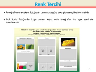 Renk Tercihi
• Fotoğraf eklenecekse, fotoğrafın durumuna göre arka plan rengi belirlenmelidir
• Açık tonlu fotoğraflar koyu zemin, koyu tonlu fotoğraflar ise açık zeminde
sunulmalıdır
24
 