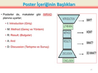 Poster İçeriğinin Başlıkları
• Posterler de, makaleler gibi IMRAD
planına uyarlar;
• I: Introduction (Giriş)
• M: Method (Gereç ve Yöntem)
• R: Result; (Bulgular)
• A: And
• D: Discussion (Tartışma ve Sunuç)
27
 