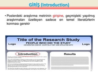 GİRİŞ (Introduction)
• Posterdeki araştırma metninin girişine, geçmişteki yapılmış
araştırmaları özetleyen sadece en temel literatürlerin
konması gerekir
29
 