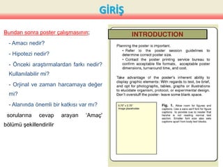 GİRİŞ
Bundan sonra poster çalışmasının;
- Amacı nedir?
- Hipotezi nedir?
- Önceki araştırmalardan farkı nedir?
Kullanılabilir mi?
- Orjinal ve zaman harcamaya değer
mi?
- Alanında önemli bir katkısı var mı?
sorularına cevap arayan ‘Amaç'
bölümü şekillendirilir
30
 