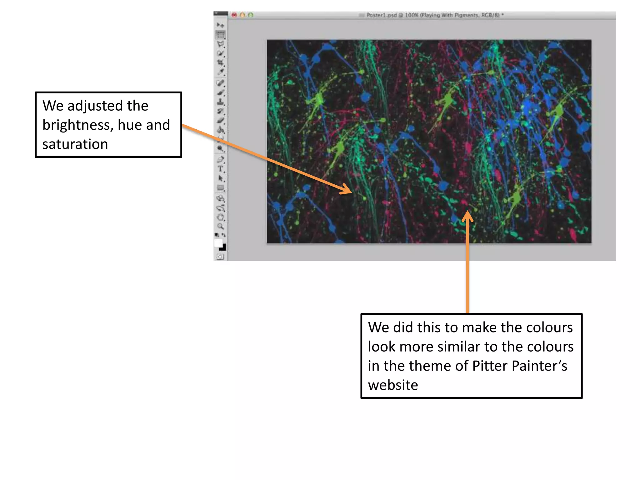 We adjusted the
brightness, hue and
saturation

We did this to make the colours
look more similar to the colours
in the theme of Pitter Painter’s
website

 