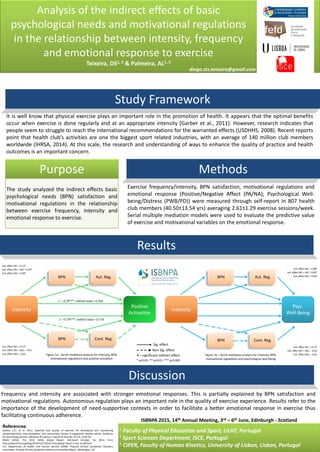 Analysis of the indirect effects of basic
psychological needs and motivational regulations
in the relationship between intensity, frequency
and emotional response to exercise
Teixeira, DS1, 2 & Palmeira, AL1, 3
1 Faculty of Physical Education and Sport, ULHT, Portugal
2 Sport Sciences Department, ISCE, Portugal
3 CIPER, Faculty of Human Kinetics, University of Lisbon, Lisbon, Portugal
Study Framework
Purpose
Discussion
ISBNPA 2015, 14th Annual Meeting, 3rd – 6th June, Edinburgh - Scotland
References:
Garber, C.E., et al. 2011. Quantity and quality of exercise for developing and maintaining
cardiorespiratory, musculoskeletal, and neuromotor fitness in apparently healthy adults: Guidance
for prescribing exercise. Medicine & Science in Sports & Exercise, 43 (7), 1334–59.
IRSHA (2014). The 2014 IHRSA Global Report. Retrieved October, 16, 2014, from
http://www.ihrsa.org/blog/2014/5/27/2014-ihrsa-global-report-is-out-in-pdf.html
U.S. Department of Health and Human Service (2008). Physical Activity Guidelines Advidory
Committee. Physical Activity Guidelines Advisory Committee Report. Washington, DC
diogo.sts.teixeira@gmail.com
Methods
Exercise frequency/intensity, BPN satisfaction, motivational regulations and
emotional response (Positive/Negative Affect (PA/NA); Psychological Well-
being/Distress (PWB/PD)) were measured through self-report in 807 health
club members (40.50±13.54 yrs) averaging 2.61±1.29 exercise sessions/week.
Serial multiple mediation models were used to evaluate the predictive value
of exercise and motivational variables on the emotional response.
Frequency and intensity are associated with stronger emotional responses. This is partially explained by BPN satisfaction and
motivational regulations. Autonomous regulation plays an important role in the quality of exercise experience. Results refer to the
importance of the development of need-supportive contexts in order to facilitate a better emotional response in exercise thus
facilitating continuous adherence.
It is well know that physical exercise plays an important role in the promotion of health. It appears that the optimal benefits
occur when exercise is done regularly and at an appropriate intensity (Garber et al., 2011). However, research indicates that
people seem to struggle to reach the international recommendations for the warranted effects (USDHHS, 2008). Recent reports
point that health club’s activities are one the biggest sport related industries, with an average of 140 million club members
worldwide (IHRSA, 2014). At this scale, the research and understanding of ways to enhance the quality of practice and health
outcomes is an important concern.
The study analyzed the indirect effects basic
psychological needs (BPN) satisfaction and
motivational regulations in the relationship
between exercise frequency, intensity and
emotional response to exercise.
Results
Intensity
BPN Aut. Reg.
Positive
Activation
Intensity
Psyc.
Well-Being
Cont. Reg.BPN
c’ = 0.70***; Indirect total = 0.25¥
c’ = 0.79***; Indirect total = 0.17¥
Sig. effect
Non Sig. effect
¥ – significant indirect effect
* p<0.05; ** p<0.01; *** p<0.001
Figure 1a – Serial mediation analysis for intensity, BPN,
motivational regulations and positive activation
Ind. effect M1 = 0.12¥
Ind. effect M1 + M2 = 0.05¥
Ind. effect M2 = 0.08¥
Ind. effect M1 = 0.17¥
Ind. effect M1 + M2 =- 0.01
Ind. effect M2 = -0.01
Ind. effect M1 = 0.08¥
Ind. effect M1 + M2 = 0.05¥
Ind. effect M2 = 0.09¥
Ind. effect M1 = 0.13¥
Ind. effect M1 + M2 = -0.01
Ind. effect M2 =- 0.01
BPN Aut. Reg.
Cont. Reg.BPN
Figure 1b – Serial mediation analysis for intensity, BPN,
motivational regulations and psychological well-being
 