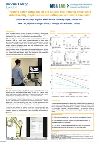 Training safer surgeons of the future: The training effect on a
virtual-reality, haptics-enabled orthopaedic trauma simulator
Chetan Khatri, Kapil Sugand, Kashif Akhtar, Chinmay Gupte, Justin Cobb
MSk Lab, Imperial College London, Charing Cross Hospital, London
Introduction
Within orthopaedic practice, dynamic hip-screw (DHS) fixation of extra-capsular
fractures is one of the commonest operations in the trauma setting. It is one of the
first operations junior doctors are exposed to and are expected to master.
With a lack of dry-bone training modules, the first time a surgical trainee performs the
procedure is often on a patient, posing increased risk towards the patient. Within
general surgery, using virtual-reality (VR) simulation training increases technical
performance within the operating theatre. However, there is a scarce amount of
literature concerning orthopaedic trauma, with most simulators lacking a haptic-
interface, limiting transfer of skills.1,2
Within orthopaedic trauma, hip fractures are a significant worldwide problem with over
1.6 million occurring annually3. They carry a high risk of sequelae with a mortality of
13% in the 6-month post-operative period4. Hip fractures are both common and
potentially life-threatening with high financial costs involved.
Results
FIGURE 1: A participant carrying out the DHS procedure
REFERENCES
1. Blyth P, Stott NS, Anderson I a. Virtual reality assessment of technical skill using the Bonedoc DHS simulator. Injury. 2008 Oct;
39(10):1127–33.
2. Blyth P, Stott NS, Anderson I a. A simulation-based training system for hip fracture fixation for use within the hospital
environment. Injury. 2007 Oct;38(10):1197–203.
3. Hartholt KA, van Beeck EF, Polinder S et al. Societal consequences of falls in the older population: injuries, healthcare costs, and
long-term reduced quality of life. J Trauma 2011 71(3):748–753
4. Hannan, E.L., et al., Mortality and locomotion 6 months after hospitalization for hip fracture: risk factors and risk-adjusted hospital
outcomes. JAMA, 2001. 285(21): p. 2736-42.
Methods
This study tested TraumaVision, the first VR, haptics-enabled orthopaedic trauma
simulator. All data was collected between March and July 2013. The aim was to
assess whether the 10-step DHS application on TraumaVision system had a training
effect to improve objective performance metrics in naïve medical students.
52 medical students, (naïve to DHS procedures and VR simulation) were voluntarily
recruited and randomised to two groups: Group 1 (training) performed 5 attempts
whilst Group 2 (control) performed only once. After a one-week washout period, both
cohorts repeated the same number of attempts as the week before.
Participants were assessed by objective performance metrics including (i) total
procedural time, (ii) fluoroscopy time, (iii) number of radiographs, (iv) attempts of
guide wire insertions, (v) tip-apex distance (TAD), (vi) probability of cut-out and (vii)
global score.
Conclusions
This study demonstrated significant training effect on the VR haptic DHS simulator in
improving seven clinically relevant object performance metrics. Simulation in the
trauma setting plays an important role the acquisition of orthopaedic surgical skills
and compliments proctorship in achieving competency, if not proficiency, during an
austere period of surgical training without compromising patient safety as an utmost
priority.
FIGURE 2: Screen viewed by participant after completing procedure Key Messages
1) Currently, simulation is a rare facility for orthopaedic tramua
2) Virtual-Reality provides a safe, controllable enviroment to
safely acquire technical skills
3) This study shows repeated exposure to the TraumaVision
simulator can improve performence of technical skills.
FIGURE 3: Box & Whisker plots to show improvement in objective metrics
FIGURE 4: Linear regression analysis of objective metrics
Thursday, 26 September 13
 