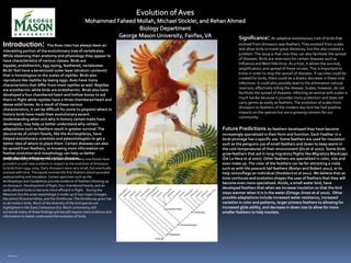 Significance: An adaptive evolutionary trait of birds that
Introduction:              The Aves class has always been an                         evolved from dinosaurs was feathers. They evolved from scales
interesting portion of the evolutionary tree of vertebrates.                         and allow birds to travel great distances, but this also created a
While observing their anatomy and physiology they appear to                          problem. The issue is that now they can also facilitate the spread
have characteristics of various classes. Birds are                                   of diseases. Birds are reservoirs for certain diseases such as
bipedal, endothermic, egg-laying, feathered, vertebrates.                            Influenza and West Nile Virus. As a host, it allows the survival,
Birds’ feet have a keratinized outer layer (stratum corneum)                         amplification, and spread of these viruses. This is important to
that is homologous to the scales of reptiles. Birds also                             know in order to stop the spread of diseases. If vaccines could be
reproduce like reptiles by laying eggs. Aves have many                               created for birds, there could be a drastic decrease in these viral
characteristics that differ from most reptiles as well. Reptiles                     infections. It could also possibly lead to the elimination natural
are ectothermic while birds are endothermic. Birds also have                         reservoir, effectively killing the disease. Scales, however, do not
developed a four chambered heart and hollow bones to aid                             facilitate the spread of diseases. Infecting an animal with scales is
them in flight while reptiles have a three chambered heart and                       much harder because it provides more protection and does not
dense solid bones. As a result of these various                                      carry germs as easily as feathers. The evolution of scales from
characteristics, it can be difficult for some to pinpoint where in                   dinosaurs to feathers of the modern day bird has had positive
history birds have made their evolutionary ascent.                                   impacts on the species but are a growing concern for our
Understanding when and why in history certain traits have                            community.
developed, may help us better understand why certain
adaptations such as feathers result in greater survival. The                Future Predictions: As feathers developed they have become
discoveries of certain fossils, like the Archeopteryx, have                 increasingly specialized in their form and function. Each Feather in a
helped evolutionary scientists and paleontologists to get a                 birds plumage has a specific use. Some feathers are used for insulation
better idea of where to place them. Certain diseases can also               such as the penguins use of small feathers and down to keep warm in
be spread from feathers, so knowing more information on                     the cold temperatures of their environment (Du et al 2007). Some birds
feather evolution and morphology can help us better                         grow feathers that aid in long migratory flights like Migratory Blackcaps
understand how to prevent certain diseases. new fossils have
Evolutionary History: Well preserved and many                               (De La Hera et al 2007). Other feathers are specialized in color, size and
provided us with new evidence in respect to the evolution of dinosaurs      even make up. The color of the feathers can be for attracting a mate
to birds from 1994-2004. Early dinosaurs were very small, but eventually    such as with the peacock tail feathers (Roslyn and Robert 2011), or to
evolved with time. Theropods evolved the first feathers which provided      help camouflage an individual (Stoddard et al 2011). We believe that as
waterproofing and insulation. Certain specimen such as the                  time continues and evolution shapes the uses of feathers that they will
Archeopteryx and Caudipteryx provide evidence of feathers showing up
                                                                            become even more specialized. Alcids, a small water bird, have
on dinosaurs. Development of flight, four chambered hearts, and air
                                                                            developed feathers that when we increase insulation so that the bird
sacks allowed birds to become more efficient in flight. During the
Mesozoic Era the avian assemblage is made up of two major lineages:         stays warmer when it is in the water (Ortega-Jimez et al 2010). Other
the extinct Enantiornithes, and the Ornithurae. The Ornithurae gives rise   possible adaptations include increased water resistance, increased
to all modern birds. Much of the diversity of the bird species are          variation in color and patterns, larger primary feathers to allowing for
highlighted in the Early Cretaceous Era. Much controversy still             increased glide ability, and decrease in down size to allow for more
surrounds many of these findings and we still require more evidence and     smaller feathers to help insulate.
information to better understand the evolution of birds.




   References:
 