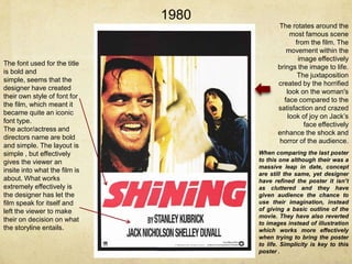 1980

The font used for the title
is bold and
simple, seems that the
designer have created
their own style of font for
the film, which meant it
became quite an iconic
font type.
The actor/actress and
directors name are bold
and simple. The layout is
simple , but effectively
gives the viewer an
insite into what the film is
about. What works
extremely effectively is
the designer has let the
film speak for itself and
left the viewer to make
their on decision on what
the storyline entails.

The rotates around the
most famous scene
from the film. The
movement within the
image effectively
brings the image to life.
The juxtaposition
created by the horrified
look on the woman's
face compared to the
satisfaction and crazed
look of joy on Jack’s
face effectively
enhance the shock and
horror of the audience.
When comparing the last poster
to this one although their was a
massive leap in date, concept
are still the same, yet designer
have refined the poster it isn’t
as cluttered and they have
given audience the chance to
use their imagination, instead
of giving a basic outline of the
movie. They have also reverted
to images instead of illustration
which works more effectively
when trying to bring the poster
to life. Simplicity is key to this
poster .

 
