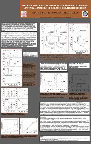 METABOLISM OF DEOXYPYRIMIDINES AND DEOXYPYRIMIDINE ANTIVIRAL ANALOGS IN ISOLATED BRAIN MITOCHONDRIA Kathleen McCann 1 , David Williams 2 , and Edward McKee 1,2 1  Department of Biochemistry and Molecular Biology, Indiana University School of Medicine, South Bend, IN 46617 USA 2  Department of Biological Sciences, University of Notre Dame, Notre Dame, IN 46556 USA The goal of this project was to identify deoxypyrimidine salvage pathways used to maintain dNTP pools in brain mitochondria, with a view to understanding the mechanisms by which the central nervous system displays a relative resistance to AZT in both treatment and toxicity when compared to other organ systems. These metabolic pathways are increasingly relevant  not only to the treatment of HIV/AIDS, but also to targeting the role of mitochondrial dysfunction in developing new treatment options for neurological degenerative diseases and primary neoplasms of the CNS. Methodology: Mitochondria were isolated from freshly removed brains from adult Harlan Sprague Dawley rats. The protein content was measured by the method of Lowry and the intactness of the brain mitochondrial preparation was determined by measuring the respiratory control ratio (RCR). Mitochondria with RCR values over 5 were incubated at a final concentration of 4 mg protein /ml in media with labeled and unlabeled deoxynucleosides and deoxynucleoside analogs. Samples of the mitochondrial incubation were removed at specific time points and combined with an equal volume of 10% trichloroacetic acid to lyse mitochondria and precipitate the protein and nucleic acids.  This mixture was placed on ice, centrifuged, and the supernatant extract neutralized by addition of AG-11A8 resin. Labeled deoxynucleosides and phosphorylated products in the filtered extracts were analyzed and quantitated by HPLC on an Alltech nucleoside-nucleotide reverse phase column coupled to an inline UV monitor and liquid scintillation counter as previously described. 1  Peaks were identified by comparison to standards. Figure 1: HPLC results of samples taken from mitochondrial incubations at 180 minutes.  Isolated rat brain mitochondria were able to transport thymidine  (A ) and dC  (B)  across the inner membrane into the matrix, and phosphorylate both to their mono-, di-, and tri-phosphates, demonstrating that they possess all enzymes necessary in this pathway, including TK-2 and TMPK .  Deoxyuridine (dU)  (C)  was phosphorylated much more slowly than thymidine and only to dUMP.  (D)  AZT was phosphorylated to AZT-MP as readily as thymidine was phosphorylated to TMP. There was no evidence of AZT-TP.  Figure 2: Time course for phosphorylation of H 3 -thymidine, H 3 -deoxycytidine, H 3 -deoxyuridine, H 3 -AZT. Figure 3: Rates of phosphorylation of AZT (A) and thymidine (B)  in isolated brain mitochondria demonstrated a salvage pathway 10-20 times more active in brain mitochondria than mitochondria of heart or liver. 1,2 A B Figure 4:  Michaelis-Menton graphs were constructed to calculate Vmax and Km of thymidine (panel A) and dC (panel D) phosphorylation. This same data was then plotted to construct Eadie-Hofstee graphs in panels B and E.  These data demonstrate negative cooperativity.  This is further supported by the Hill plots in panels C and F, both of which have slopes of less than 1.  Incubation of Brain Mitochondria with H 3 -thymidine, H 3 -deoxycytidine, H 3 -deoxyuridine, and H 3 -AZT. Figure 5:  Similar Michaelis-Menton graphs were constructed to calculate Vmax and Km of AZT phosphorylation (panel A). The  Eadie-Hofstee and Hill plots in panels B and C  did not support negative cooperativity for AZT phosphorylation.  How do the deoxypyrimidines compete with each other for phosphorylation?  Isolated brain mitochondria were incubated with (A) H 3 -thymidine and increasing concentrations (0 µM – 500 µM) of unlabeled deoxycytidine (dC) or (B) H 3 -dC and increasing concentrations (0 µM – 200 µM) of unlabeled thymidine Figure 5: While  dC (A) inhibited thymidine phosphorylation at  an IC 50  = 8.8 +/- 3.9 µM, thymidine (B) did not inhibit dC phosphorylation until  concentrations far exceeded physiological levels (IC 50  = >400 µM).  Effect of AZT (0 µM – 200 µM) on phosphorylation of  H 3 -thymidine, H 3 -deoxycytidine, and H 3 -deoxyuridine in brain mitochodnria.  Figure 6: AZT was shown to inhibit thymidine phosphorylation by 50% (IC 50  = 5.5 ± 1.7 μM) as well as phosphorylation of dU (IC 50  = 1.0±-0.1 μM), but AZT was not observed to inhibit dC phosphorylation except at levels > 100 µM.  ,[object Object],[object Object],[object Object],[object Object],[object Object],[object Object],[object Object],A B brain liver heart liver heart Discussion:  As previously noted in both human and murine models with TK-2 deficiency, in tissues with mostly non-replicating cells, the enzyme thymidine kinase 2 (TK-2) is crucial in maintaining dNTP pool balance, particularly that of TTP. 3,4  These investigations demonstrate that TK-2 in brain mitochondria recognizes thymidine, deoxycytidine, deoxyuridine, and AZT as substrates, and phosphorylates them to the monophosphate form. Unlike thymidine and dC, AZT and dU were not phosphorylated beyond the monophosphate.  Toxicity of AZT, if present, cannot be mediated by AZT-TP inhibition of the mitochondrial DNA polymerase. Rather, we demonstrate that AZT inhibits thymidine phosphorylation, which may ultimately limit the amount of TTP made, leading to potential disruption of mtDNA replication.  ,[object Object],[object Object],[object Object],[object Object],[object Object]