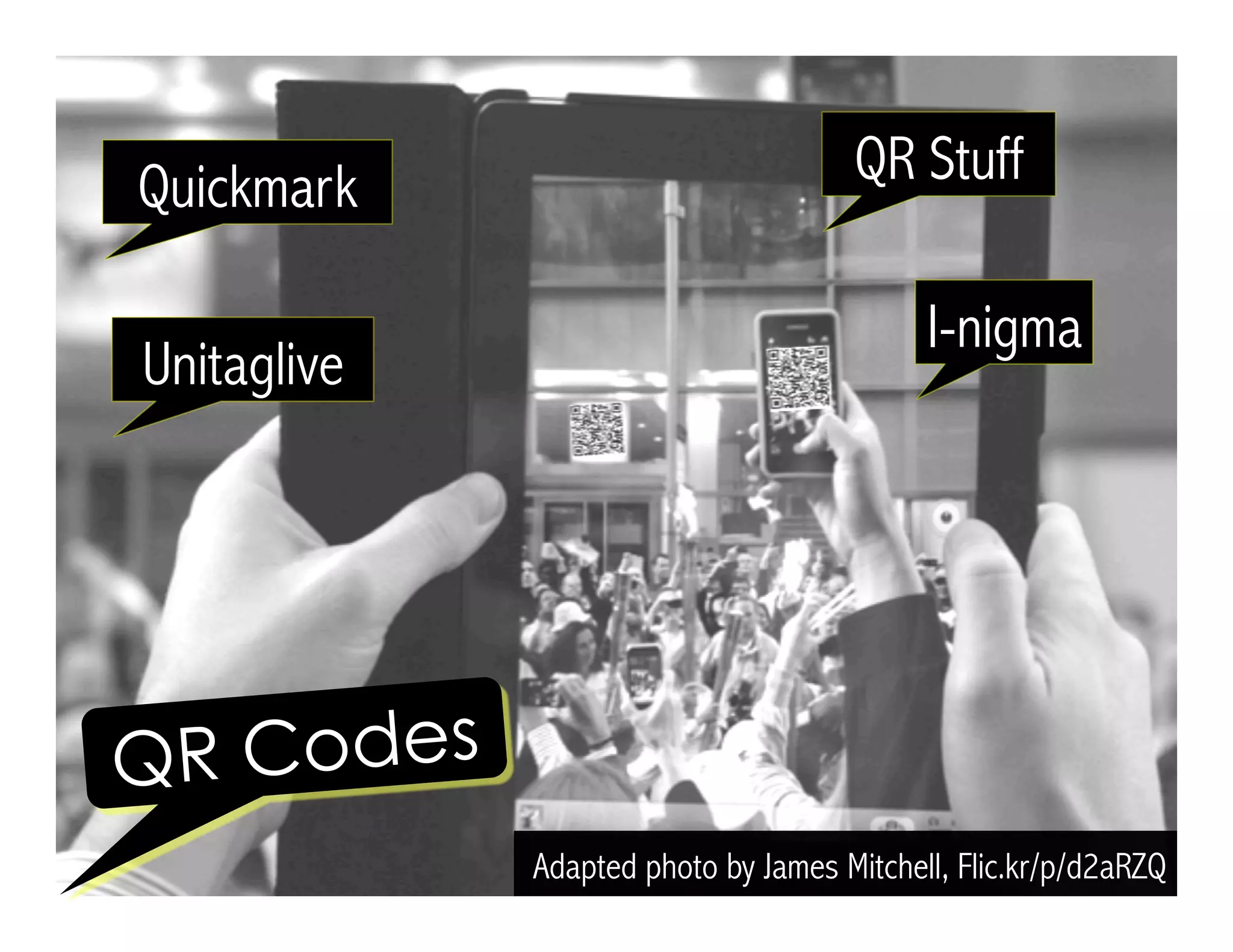 Adapted photo by James Mitchell, Flic.kr/p/d2aRZQ
QR Codes
Quickmark
Unitaglive
QR Stuff
I-nigma
 