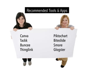 Recommended Tools & Apps
Canva
Buncee
Visme
Tackk
Thinglink
Piktochart
Biteslide
Smore
Glogster
 