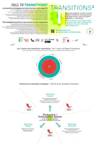 Nous vous appelons à relier les deux
grandes transitions contemporaines,
pour faire de leur union une force
irrésistible : Transitions².
We are calling on you today to help
unite these two major contem­po­rary
transitions, into one irresistible
force: Transitions².
La transition écologique est notre horizon, notre objectif,
mais 30 ans de déceptions nous obligent à admettre qu’elle sait mieux décrire son but,
que son chemin. La transition numérique est notre quotidien, notre levier…
mais c’est une force sans but, qui transforme tout ce qu’elle touche, sans trop savoir en quoi.
L’une a le but, l’autre le chemin : chacune des deux transitions a besoin de l’autre !
Et pourtant leurs acteurs communiquent trop peu et trop mal. Nous nous adressons à toutes celles
et tous ceux qui ne se satisfont pas de cette disjonction. À celles et ceux qui agissent, pensent,
militent, inventent, créent à l’intersection du numérique et de l’écologie.
Mettons la puissance transformatrice du numérique au service de la transition écologique !
Rendons la transition écologique aussi attractive, excitante, dérangeante, mobilisatrice
et même addictive, que le numérique !
The ecological transition is our horizon and our imperative,
but after 30 years of disappointment, we must recognize that even if the goal is clear,
the path to reaching it is not. The digital transition is our present and our momentum
but it is an aimless force, one that transforms everything it touches yet doesn’t know into what.
One has a goal and no path, the other is a pathway with no goal: each of these ­transitions needs the other!
Yet they, and their actors, interact rarely and poorly. We call upon those who are no longer satisfied
with this disjunction. We call together those who act, think, strive, invent
and create at the intersection where digital and the ecology meet.
Let’s put the transformative power of digital technology, practice and culture
to work toward the ecological transition! Let’s make the ecological transition as inviting,
disruptive, exciting, motivating - and even as addictive - as the digital transformation!
CALL TO tRANSITIONS²
    transitions2.net
    #transitions2 / @transitionSQ
tRANSITIONS²tRANSITIONS²tRANSITIONS²tRANSITIONS²
Reducing
Inputs
Reducing
Demand
Reducing
Waste
Production /Consumption System
  All along the lifecycle
  For all, including the poorest
Rebound
Effects
Rebound
Effects
Rebound
Effects
 De-carbonated & renewable
resource substitution
 Resource productivity (technological)
 Process productivity (systemic)
 Reduce, Re-use, Recycle
 Product durability,
repair, adaptation
 Radical products & services
de-materialization
 Changes in behaviors & aspirations
 Sharing & mutualization
 
Vecteurs de la transition écologique Vectors of the Ecological Transition
Disr
uptive
	
Colla
borative	 smart 	
soft
	
	
		
	
open
d
isruptive agile
optimal
	
	
smart 	
soft
Dis
tribute
Colla
borative
Emp
owering
Les 7 leviers des transitions numériques The 7 Levers of Digital Transitions
Source : Cahier d’enjeux de la Fing “ Questions Numériques ” Transitions, mars 2015 http://reseau.fing.org/qntransitions
Powered by Supported by
 