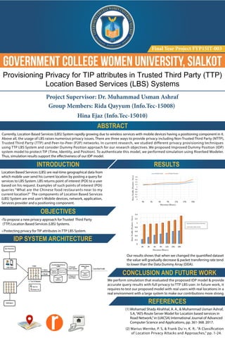 Government College Women University, Sialkot
ABSTRACT
INTRODUCTION
OBJECTIVES
IDP SYSTEM ARCHITECTURE
RESULTS
CONCLUSION AND FUTURE WORK
REFERENCES
Final Year Project FYP15IT-003
Provisioning Privacy for TIP attributes in Trusted Third Party (TTP)
Location Based Services (LBS) Systems
Project Supervisor: Dr. Muhammad Usman Ashraf
Group Members: Rida Qayyum (Info.Tec-15008)
Hina Ejaz (Info.Tec-15010)
Currently, Location Based Services (LBS) System rapidly growing due to wireless services with mobile devices having a positioning component in it.
Above all, the usage of LBS raises numerous privacy issues. There are three ways to provide privacy including Non-Trusted Third Party (NTTP),
Trusted Third Party (TTP) and Peer-to-Peer (P2P) networks. In current research, we studied different privacy provisioning techniques
using TTP LBS System and consider Dummy Position approach for our research objectives. We proposed Improved Dummy Position (IDP)
system model to protect TIP (Time, Identity, and Position). To authenticate this model, we performed simulation using Riverbed Modeler.
Thus, simulation results support the eﬀectiveness of our IDP model.
Location Based Services (LBS) are real-time geographical data from
which mobile user send his current location by posting a query for
services to LBS System. LBS returns point of interest (POI) to a user
based on his request. Examples of such points of interest (POI)
queries “What are the Chinese food restaurants near to my
current location?” The components of Location Based Services
(LBS) System are end user’s Mobile devices, network, application,
Services provider and a positioning component.
•To propose a new privacy approach for Trusted Third Party
(TTP) Location Based Services (LBS) Systems.
• Protecting privacy for TIP attributes in TTP LBS System.
Our results shows that when we changed the quantiﬁed dataset
the value will gradually decrease & packet transferring rate tend
to lower than the Data Dummy Array (DDA).
We perform simulation that evaluated the proposed IDP model & provide
accurate query results with full privacy to TTP LBS user. In future work, it
requires to test our proposed model with real users with real locations in a
real environment with a large system to make our contributions more strong.
(1) Mohamad Shady Alrahhal, A. A., & Muhammad Usman Ashraf,
S.A,“AES-Route Server Model for Location based services in
Road Network,”in (IJACSA) International Journal of Advanced
Computer Science and Applications, pp. 361-368. 2017.
(2) Marius Wernke, P. S, & Frank Du¨rr, K. R.. “A Classiﬁcation
of Location Privacy Attacks and Approaches,” pp. 1-24.
 