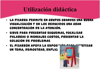 Utilización didáctica
• La pizarra permite en grupos grandes una buena
  visualización y en los reducidos una gran
  concentración de la atención.
• sirve para presentar esquemas, focalizar
  palabras o mensajes cortos, presentar la
  solución de problemas
• El pizarrón apoya la exposición para sintetizar
  un tema, demostrar, explicar un asunto.
 