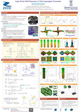 Large Strain Solid Dynamics in Total Lagrangian Framework
Ataollah Ghavamian a
(Doctoral candidate: 2016-present)
Supervisors: Prof. Antonio J. Gil a
and Dr. Chun Hean Lee a
in collaboration with Prof. Laurent Stainier b
and Prof. Javier Bonet c
(a) Swansea University (b) ´Ecole Centrale de Nantes (c) University of Greenwich
Motivation
Objectives:
Introduce a robust Total Lagrangian computational framework
to solve highly non-linear problems.
Introduce a uniﬁed modeling framework for thermoelasticity.
Develop a fast and eﬃcient low order numerical scheme.
Key features:
• Upwinding stabilisation through Riemann solver.
• A vertex-centered Finite Volume Method (FVM) and Smooth
Particle Hydrodynamics (SPH) schemes.
• Explicit Runge-Kutta time integrator.
Novelties:
Alleviating the shortcomings of standard displacement-based
FEM/FVM(linear tedrahedral elements)/SPH formulations:
Equal order of convergence for strains and stresses.
Excellent performance in bending and shock dominated
scenarios.
No volumetric locking in nearly incompressible materials.
No tensile instability/spurious pressure oscillations.
Governing equations
First order conservation laws
Hyperbolic diﬀerential form: ∂U
∂t + ∂FI
∂XI
= S, ∀I = 1, 2, 3
Jump condition: c U = FN = FINI
U =








p
F
H
J
E








; FN = −










P N
1
ρ0
p ⊗ N
F 1
ρ0
p ⊗ N
H : 1
ρ0
p ⊗ N
1
ρ0
p · (P N) − Q · N










; S =








f0
0
0
0
s








Material model/EOS: Nearly incompressible neo-Hookean/Mie-Gr¨uneisen.
Numerical methodologies
VCFVM (left) and SPH(right)
dpa
dt
=
Aa
Va
ta
B + fa
0 −
1
Va
b∈Λb
a
P Ave
Cab + D(pa);
dF a
dt
=
1
Va
b∈Λb
a
pAve
ρ0
⊗ Cab;
dHa
dt
=
1
Va
F a
b∈Λb
a
pAve
ρ0
⊗ Cab;



VCFVM : Cab := Cab.
SPH : Cab := 2VaVb
˜ 0
˜Wb(Xa).
dJa
dt
=
1
Va
Ha :
b∈Λb
a
pAve
ρ0
⊗ Cab + D(Ja);
dEa
dt
=
1
Va
b∈Λa
1
ρ0
P T
p
Ave
− QAve
· Cab + D(Ea).
• Interface ﬂux across discontinuity
through acoustic Riemann solver:
FC
N = FAve
N + FStab
N
=
1
2
[FN (Ua) + FN (Ub)]
Unstable ﬂux
+
1
2
|AN | (U+
f − U−
f )
Upwinding stabilisation
n−
n+
n−
n+
c−
s
c+
s
c+
pc−
p
Time t
Figure 3: Contact mechanics (To be replaced!!!)
(23a) can be reduced to
dpa
dt
=
1
Va
Ea +
1
Va b
a
a
1
P Ave
Cab; P Ave
=
b
V (t)
V (t)a
b
Va
φ (X, t)
φ (X, t)
Vb
Time t = 0
Z, z
Y, y
X, x
−N
+N
Numerical results (VCFVM and SPH)
Shock scenario Convergence
Conservation
Robustness Plasticity
Tensile instability Pressure instability
Artiﬁcial Compressibility
Honeycomb-like structure Thin-walled cylinder
Future work
Development and implementation of an adapted Roe
Riemann solver in order to accurately capture a shock
response.
Extension of in-house software to include thermal eﬀects
Formulation of enhanced Roe Riemann solver to account
for severe thermal shocks and interactions between several
materials
References
1. C. H. Lee, A. J. Gil, A. Ghavamian and J. Bonet. A
Total Lagrangian upwind Smooth Particle Hydrodynamics
algorithm for large strain explicit solid dynamics.
Submitted to CMAME (Under review).
2. M. Aguirre, A. J. Gil, J. Bonet and C. H. Lee. An upwind
vertex centred ﬁnite volume solver for Lagrangian solid
dynamics. JCP, 300, 387–422, 2015.
Funding and Collaboration:Contact info: Ataollah Ghavamian
Twitter: @ATAOLLAH–GH
E-mail: a.ghavamian@swansea.ac.uk
Youtube channel: Large Strain Computational Solid Dynamics
 