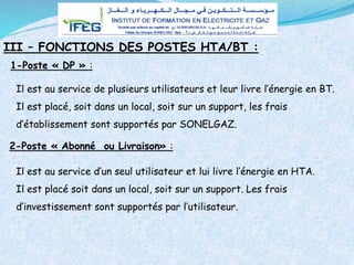 Il est au service de plusieurs utilisateurs et leur livre l’énergie en BT.
Il est placé, soit dans un local, soit sur un support, les frais
d’établissement sont supportés par SONELGAZ.
1-Poste « DP » :
III – FONCTIONS DES POSTES HTA/BT :
2-Poste « Abonné ou Livraison» :
Il est au service d’un seul utilisateur et lui livre l’énergie en HTA.
Il est placé soit dans un local, soit sur un support. Les frais
d’investissement sont supportés par l’utilisateur.
 